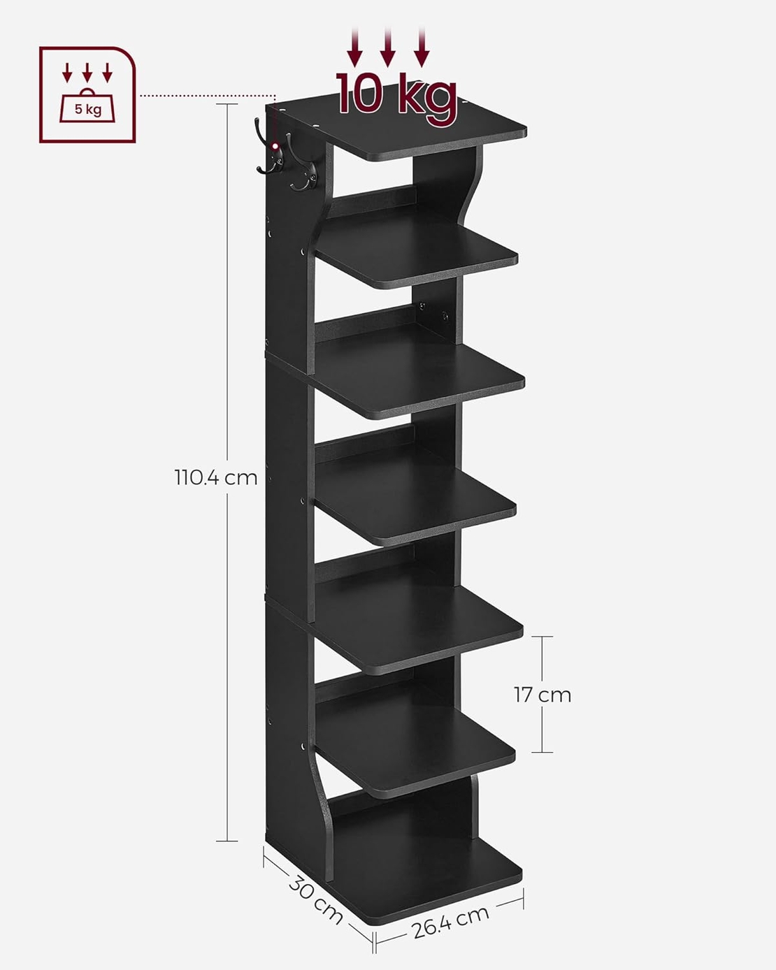 VASAGLE Raft de pantofi, pentru spatii inguste, 6 nivele, 30x26x110 cm, negru
