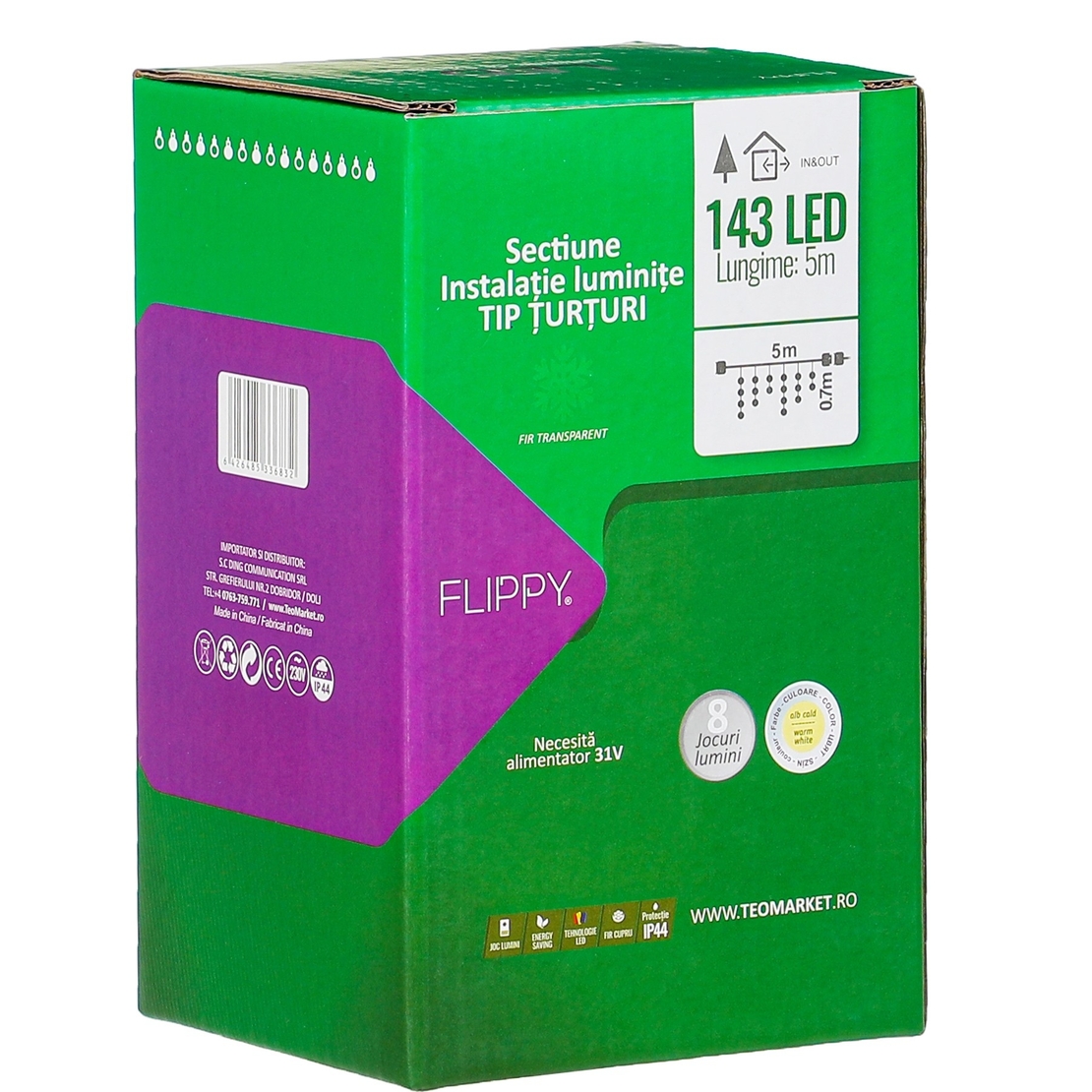 Sectiune Instalatie de Craciun, Vafy®, Tip Turturi, Fara Alimentator, 5m, 143 LED-uri, 8 Jocuri de Lumini, Fir Transparent, Lumina Alb Cald, IP44, Interconectabila