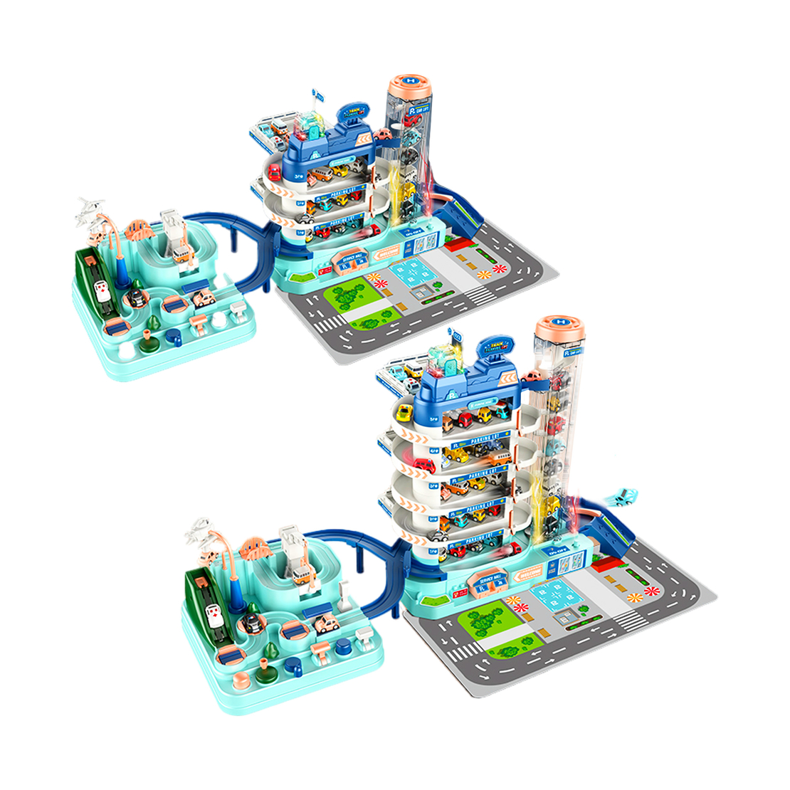 Garaj auto pentru copii cu parcare multipla, lift electric, masini incluse, cu pista, 30x30x25 cm