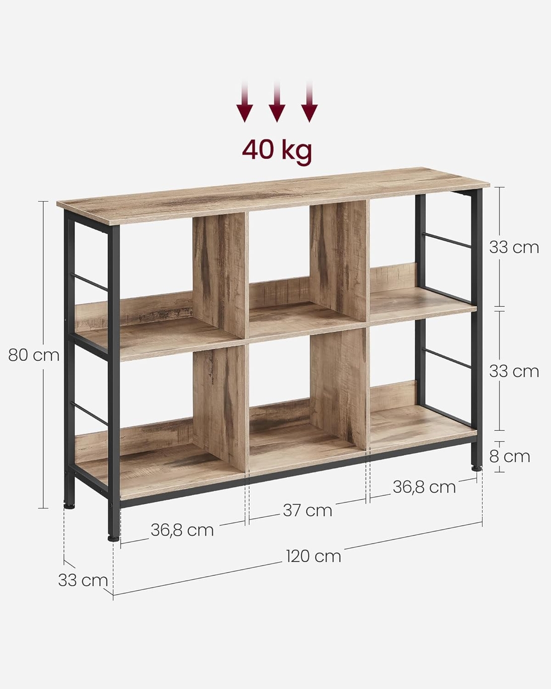 VASAGLE Biblioteca, raft cu 6 unitati de depozitare, din lemn, 33x120x80 cm, gri stejar