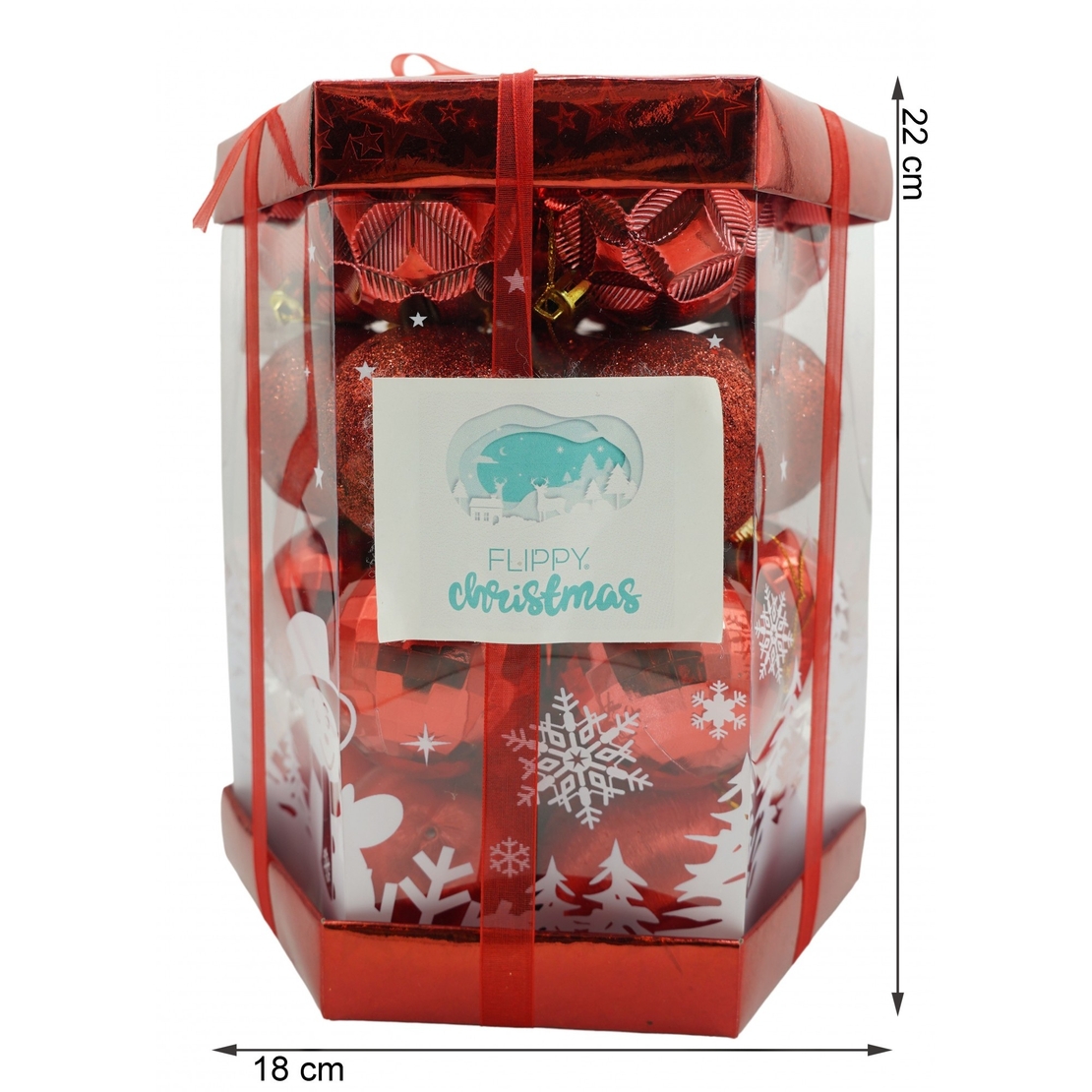 Set de 28 ornamente de brad, Flippy, de tip Glob, Rosu, din polistiren, cu finisaj sclipitor , cutie 18 cm adancime x 22 cm inaltime x 18 cm lungime)