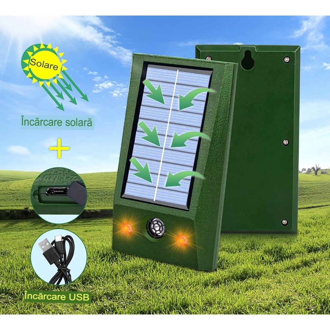 Aparat Solar LED cu Ultrasunete, Flippy, Repelent pentru Animale Mari si Mici, Lumina Rosie si Alba, Anti Rozatoare, Anti Insecte, Frecventa 9-36.5KHZ, 12 X 6.5 cm, Verde