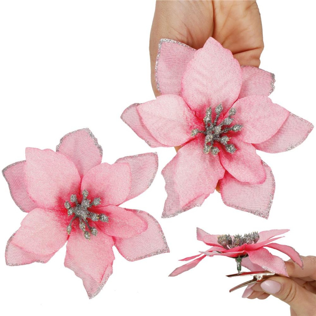 Set 10 ornamente pentru bradul de Craciun, stea Poinsettia, 13cm, roz