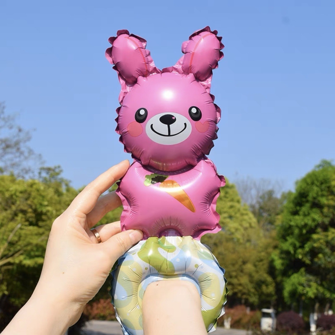 Balon din Folie Metalizata, Vafy, Figurine Animalute, Tip Bratara, Model Iepuras, Ambalaj Individual, Pai Inclus, Umflare cu Aer sau Heliu, Roz