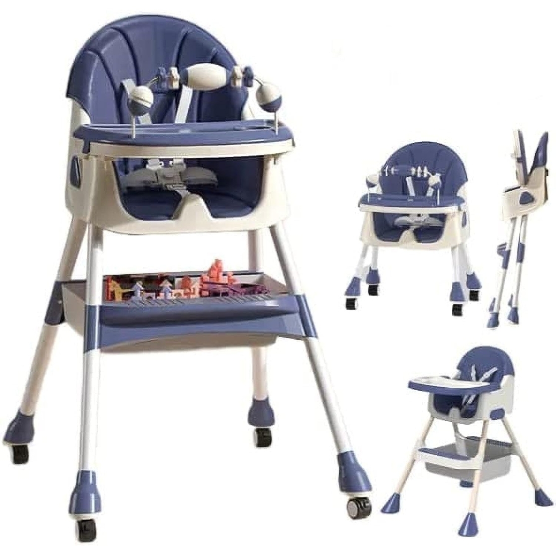 Scaun de Masa 2in1, Flippy, pentru Copii de la 6 luni - 5 Ani, Inaltime Reglabila, Centura in 5 Puncte, Tava de Masa, Roti cu Frana, Cos Depozitare, Jucarie Inclusa, 94 x 78 x 60 cm, Albastru/Alb