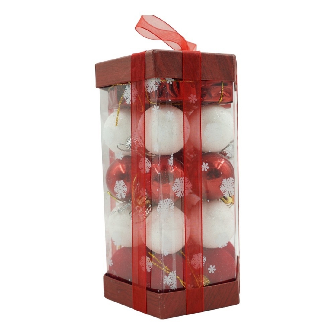 Set de 35 ornamente de brad, Flippy, de tip Glob, Alb/ Rosu, din polistiren, cu finisaj sclipitor , cutie 11 cm adancime x 19 cm inaltime x 11 cm lungime)