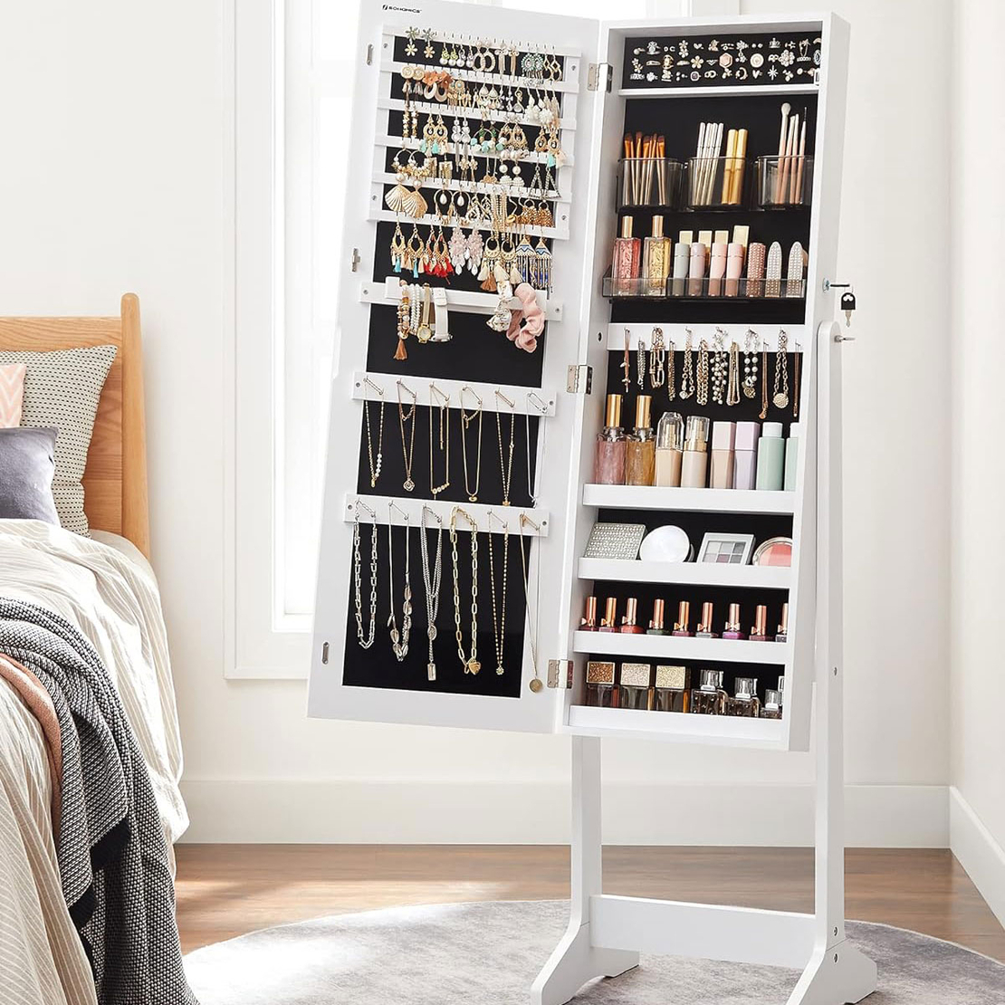 SONGMICS Oglinda de podea cu suport, design fara rama, cu spatiu de depozitare, 41x37x152cm, alb