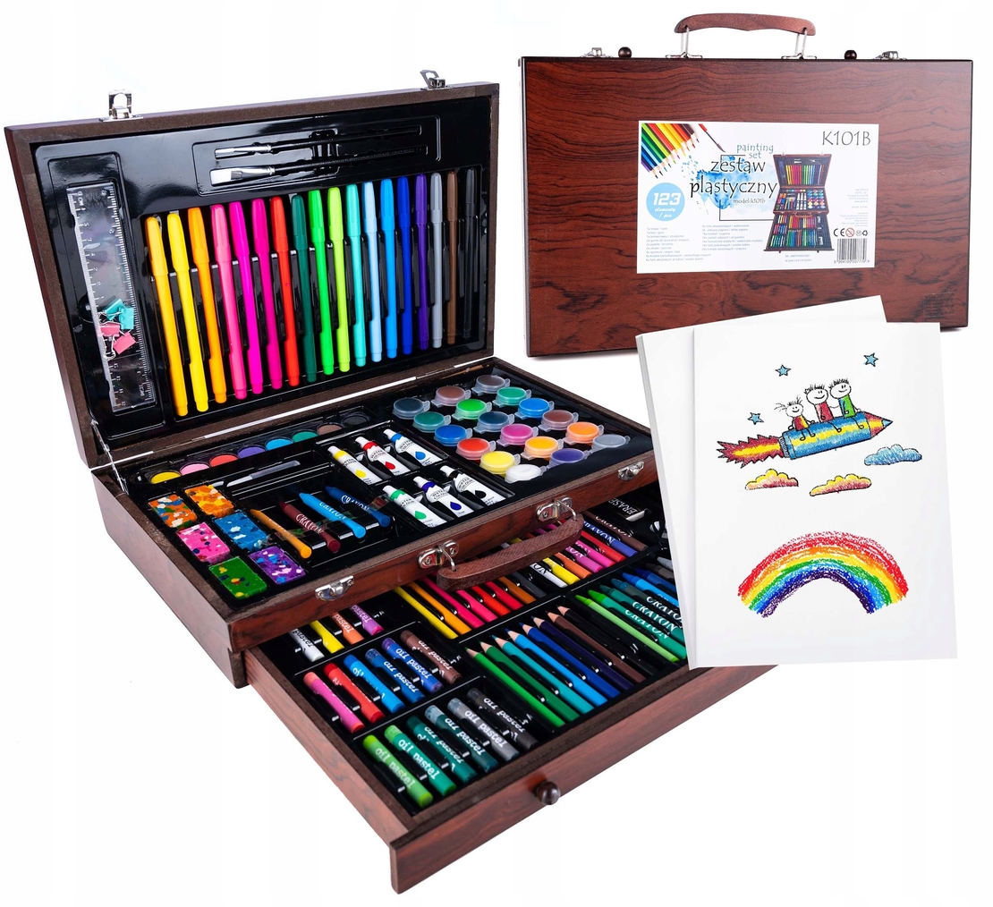 Set desen si pictura XL 130 piese cu valiza din lemn, 37x23x8 cm, multicolor
