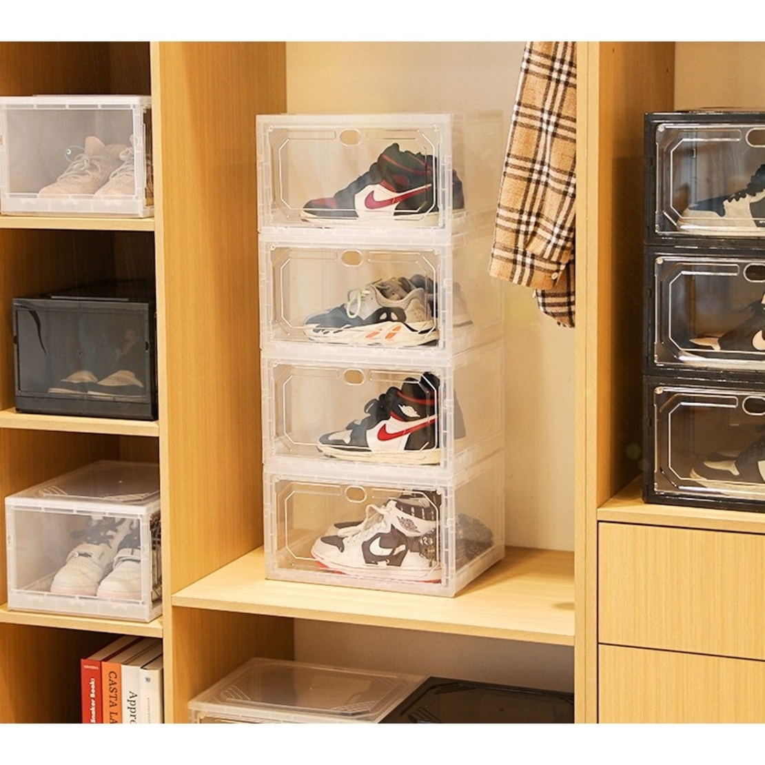 Organizator de Pantofi, Flippy, din PP+ABS, Usa Laterala Magnetica, Rezistenta la Praf, Anti-Oxidare, Utilizare Multipla, 36 x 28 x 21 cm, Gri Transparent