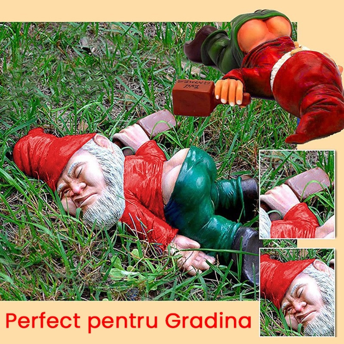 Decoratiune pentru Gradina, Flippy, Model Pitic de Gradina Beat, Statuie Amuzanta pentru Gradina, Decor pentru Gradina, Gnom Beat, 15 cm, Rosu