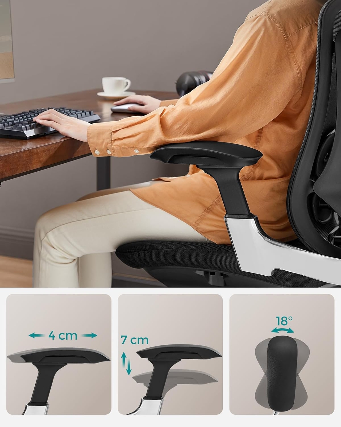 SONGMICS Scaun de birou ergonomic reglabil cu tetiera si suport lombar, inclinare 135°, maxim 150 kg, 70x70x125 cm, negru