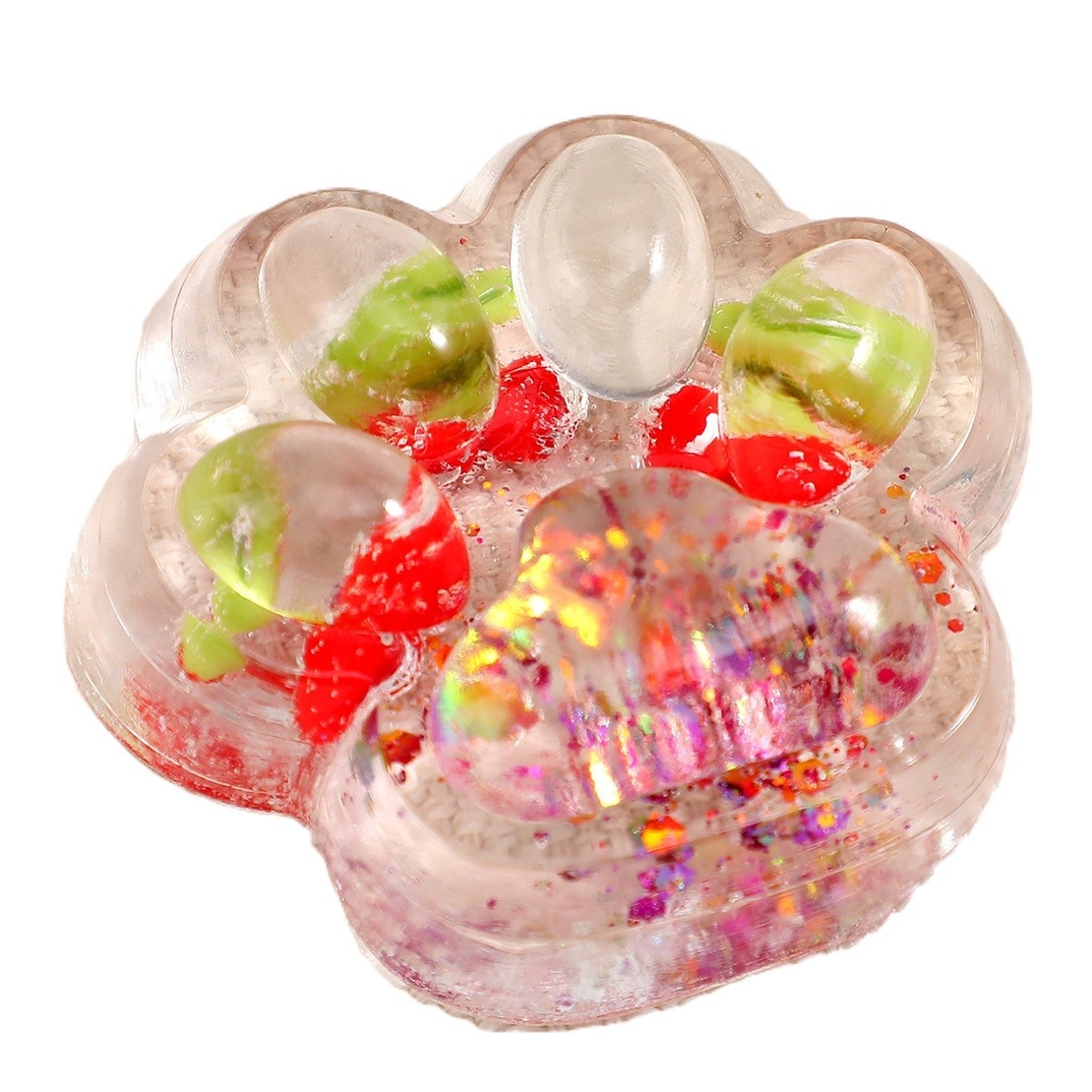 Jucarie Antistres Squishy, Flippy, cu Revenire Lenta, Squeeze Pinch Family, Model Cat Paw, 6.5 x 7 cm, din Tpr, 4-6 Ani, Model 5 Fructe, Transparent