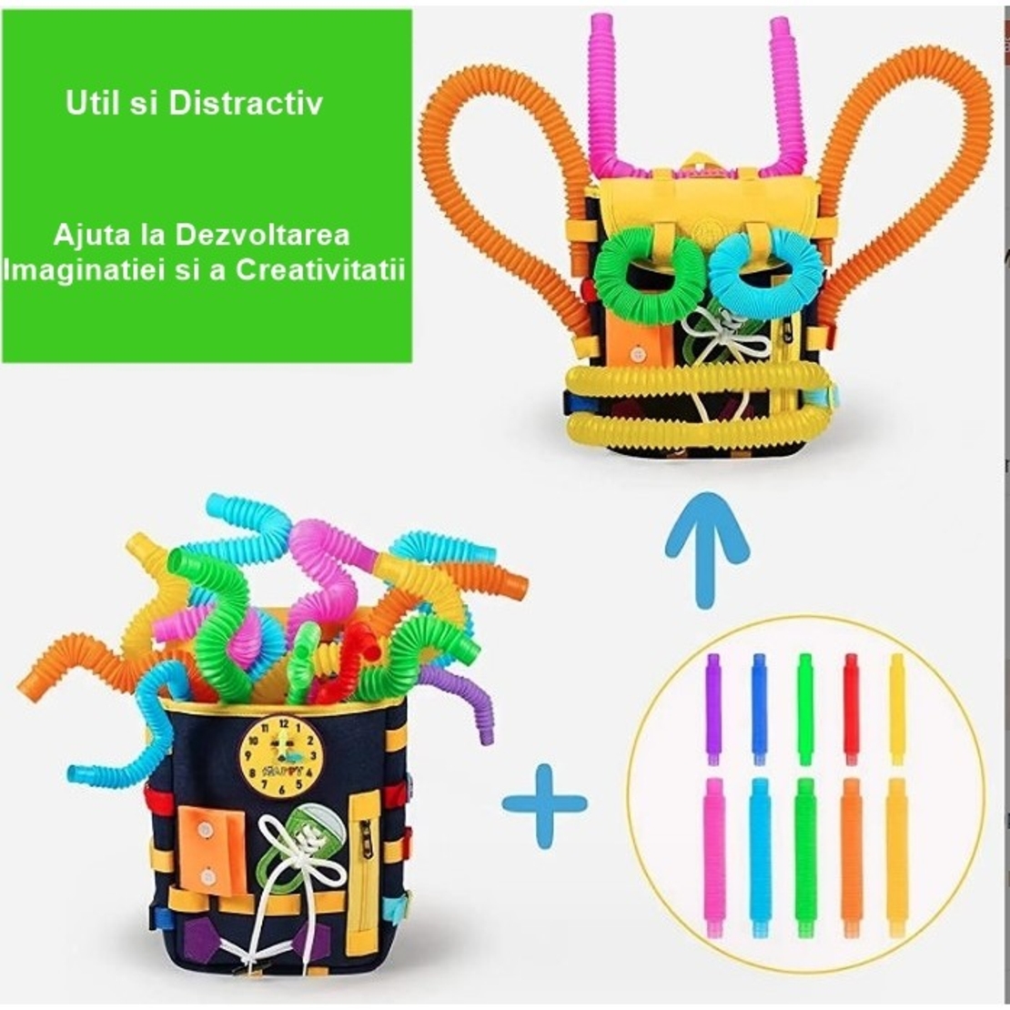 Ghiozdan Montessori, Flippy, pentru Copii 2-6 ani, Fidget Pop, cu Catarame si Fermoare, Jucarii Senzoriale, Activitate de Invatare prin Joc, Albastru Marin, 0.25 kg, 28x10x23 cm