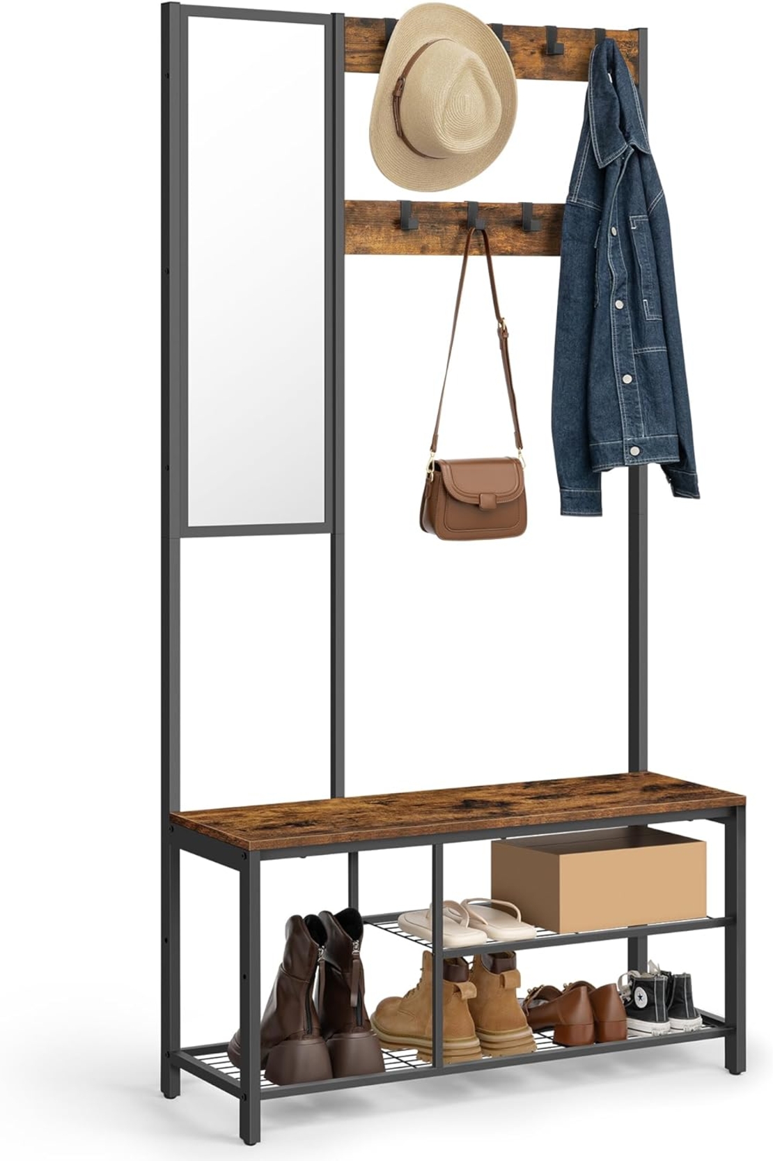 VASAGLE Cuier pentru hol cu oglinda si 9 carlige detasabile, structura metalica, stil industrial, 98x36x185 cm, maro rustic