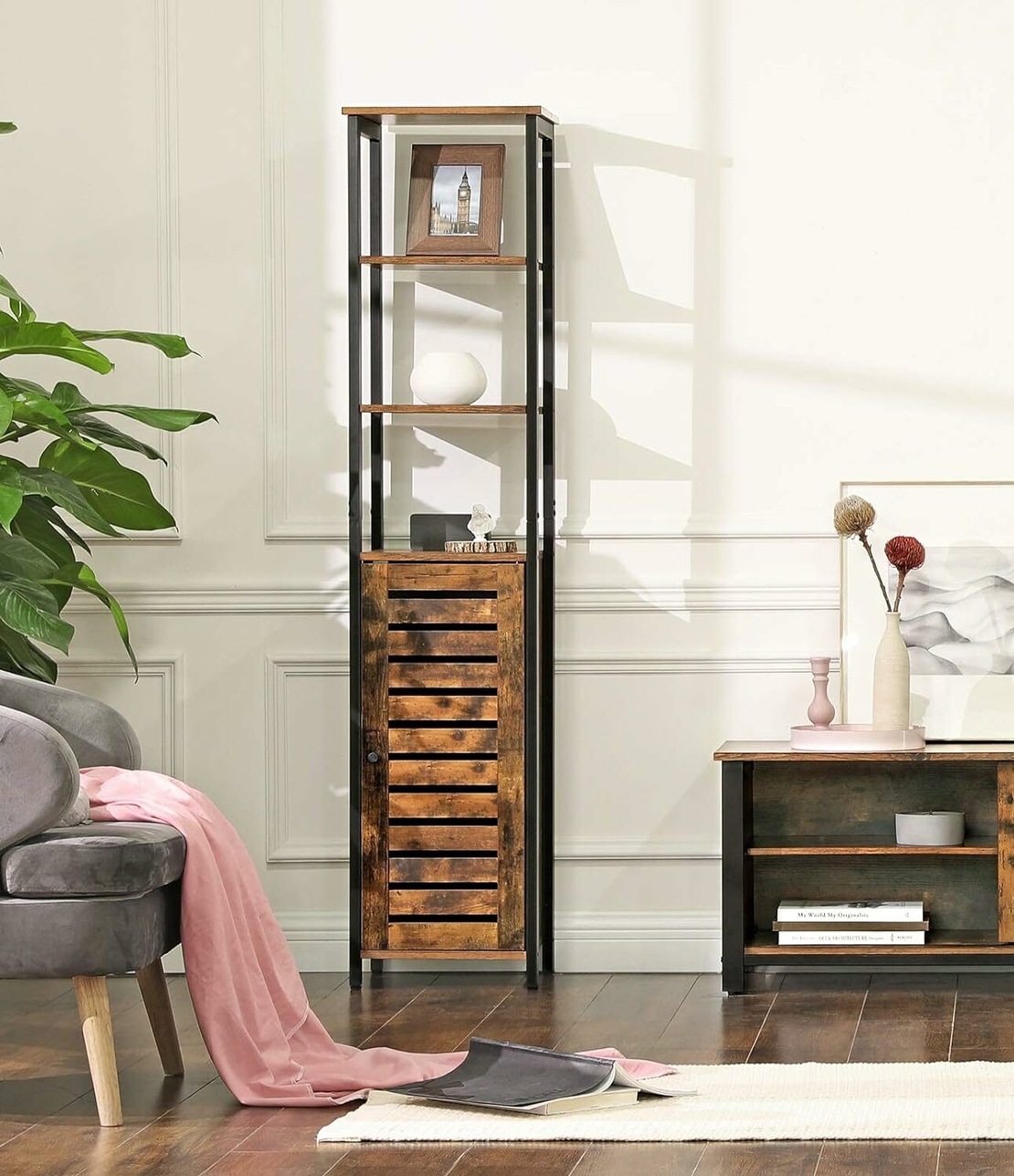 VASAGLE Dulap de depozitare in stil turn, 5 rafturi, compartiment cu usa, 37x30x167cm, maro rustic