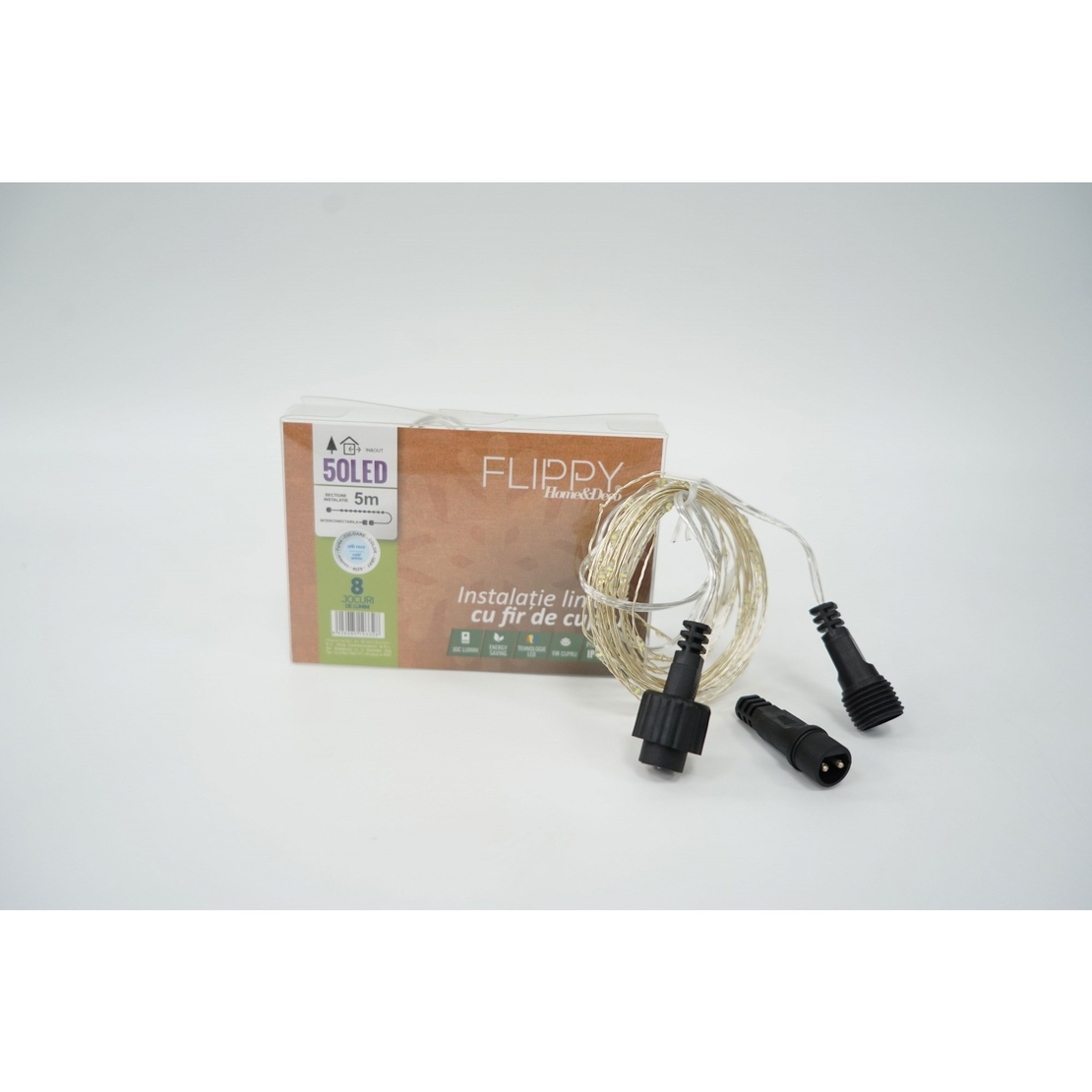 Instalatie Craciun, 50 m, 500 Led-uri, Liniara, Alb Rece, 8 jocuri de lumini, Transformator, Interconectabila, Prelungitor 3 m inclus, Fir Cupru, Vafy