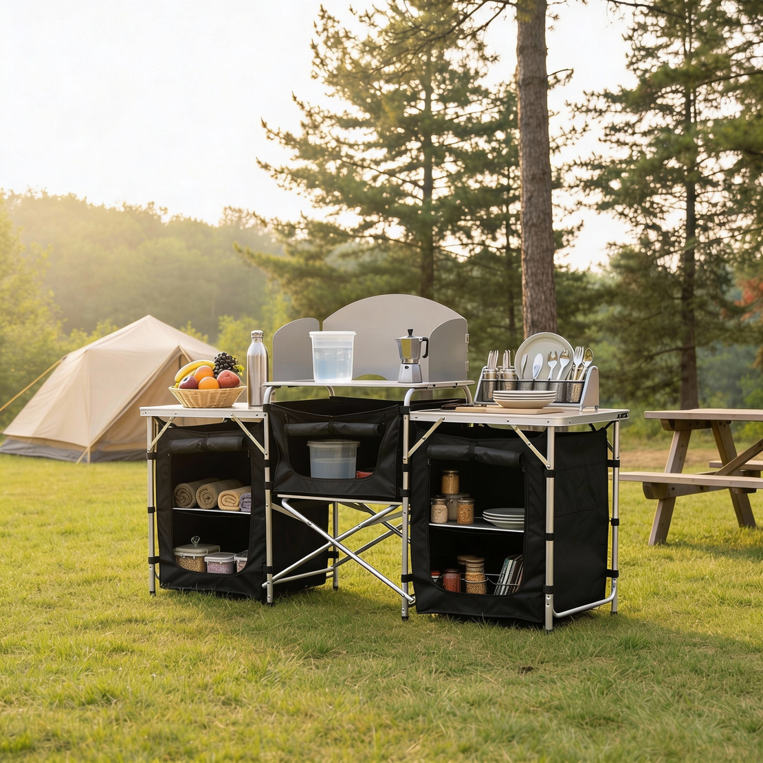 Bucatarie de camping pliabila cu 3 blaturi, cadru aluminiu, portabila pentru exterior, 175x40x111 cm