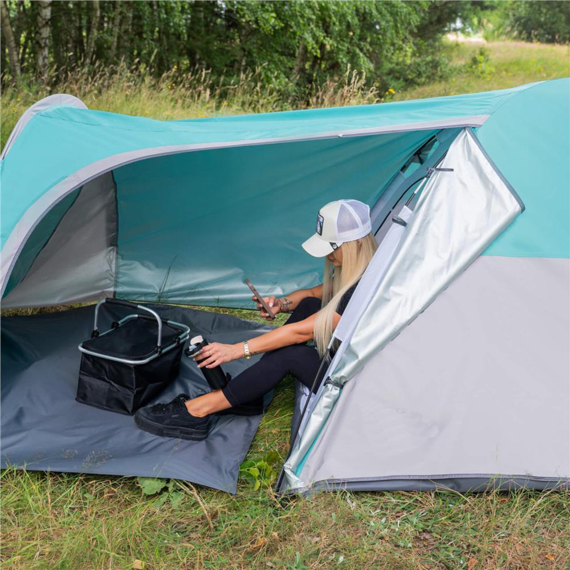 Cort plaja sau camping, impemeabil, cu terasa, 4 locuri, 175x310x130cm, gri albastru