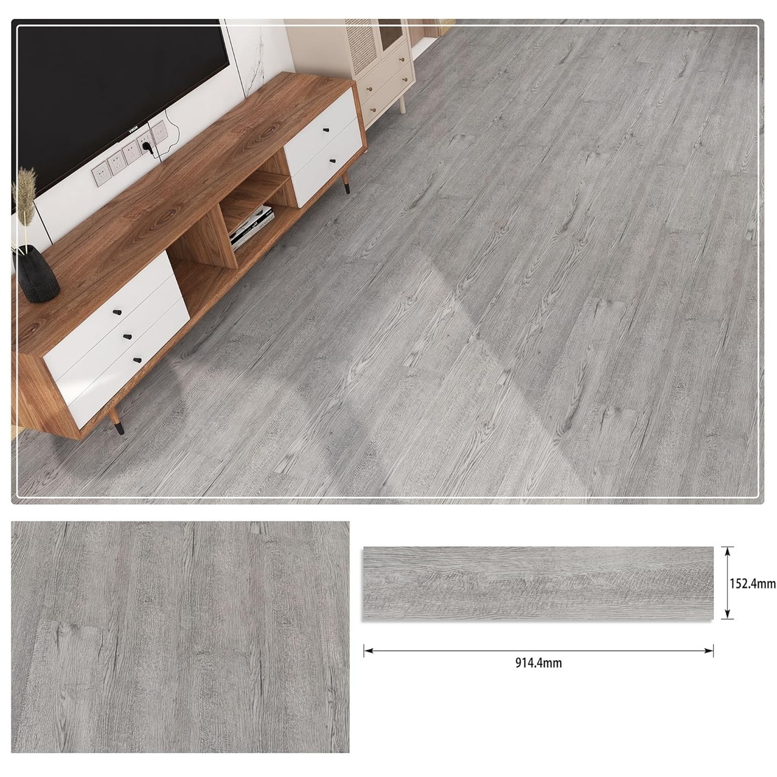 Set 36 Placi Autoadezive pentru Pardoseala, Vafy, din PVC, Impermeabil, Ignifug, Usor de Curatat, Dimensiune Placa 91.44 x 15.24 cm, Grosime 1.5 mm, Acoperire 5 m2, Model 3, Gri
