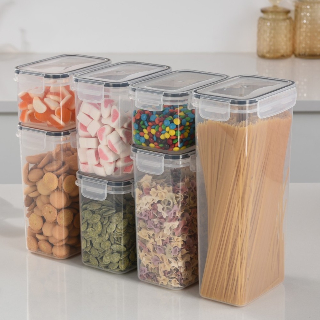 Cutii de depozitare alimente, Flippy, Set din 7 Cutii pentru Condimente, Cereale, Cutii pentru Bucatarie, din Plastic PP, Cutii Alimentare, Diferite Dimensiuni, Transparente