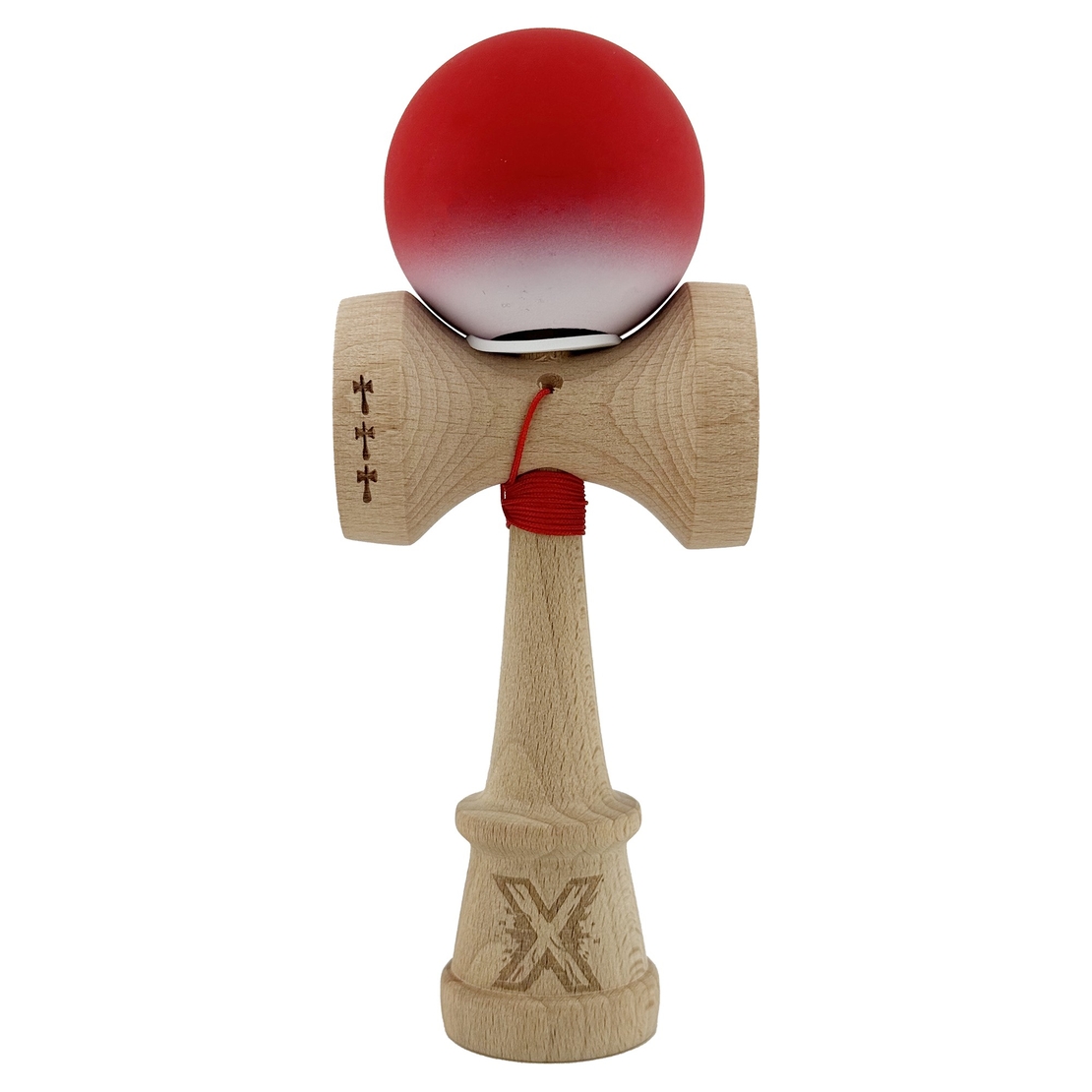 Kendama X Originala, Profesionala, Flippy, Cupe Mari KING SIZE V3, Rubber Grip, Gaura in Baza, Rulment Metalic, din lemn 18 cm, Ata 62/65 cm, Gradient Rosu/Alb