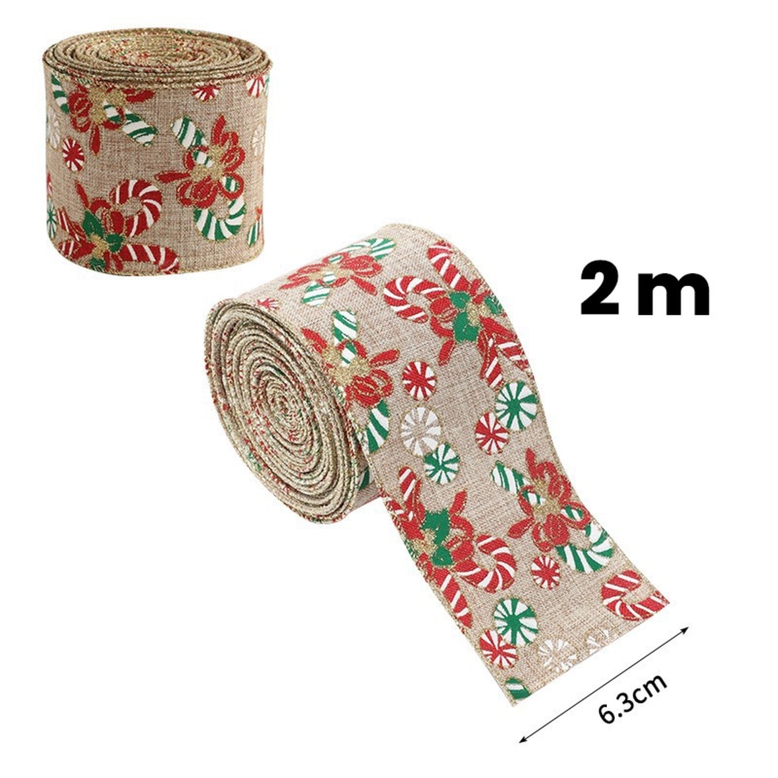Panglica Decorativa pentru Craciun, Flippy, Ornament pentru Brad de Craciun, Pretreceri, Panglica cu Design Acadele de Craciun, 200 x 6.3 cm, Khaki