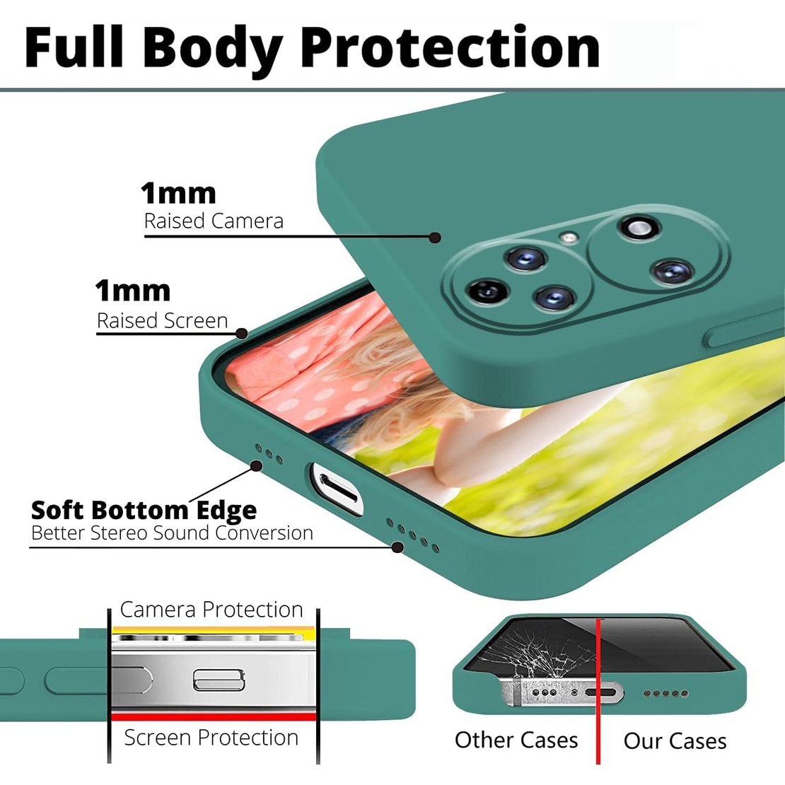 Husa de Protectie, Vafy, pentru Huawei P50 Pro, Liquid Silicone, cu Microfibra pe Interior, Protectie Antisoc, Compatibil Incarcare Wireless, Verde