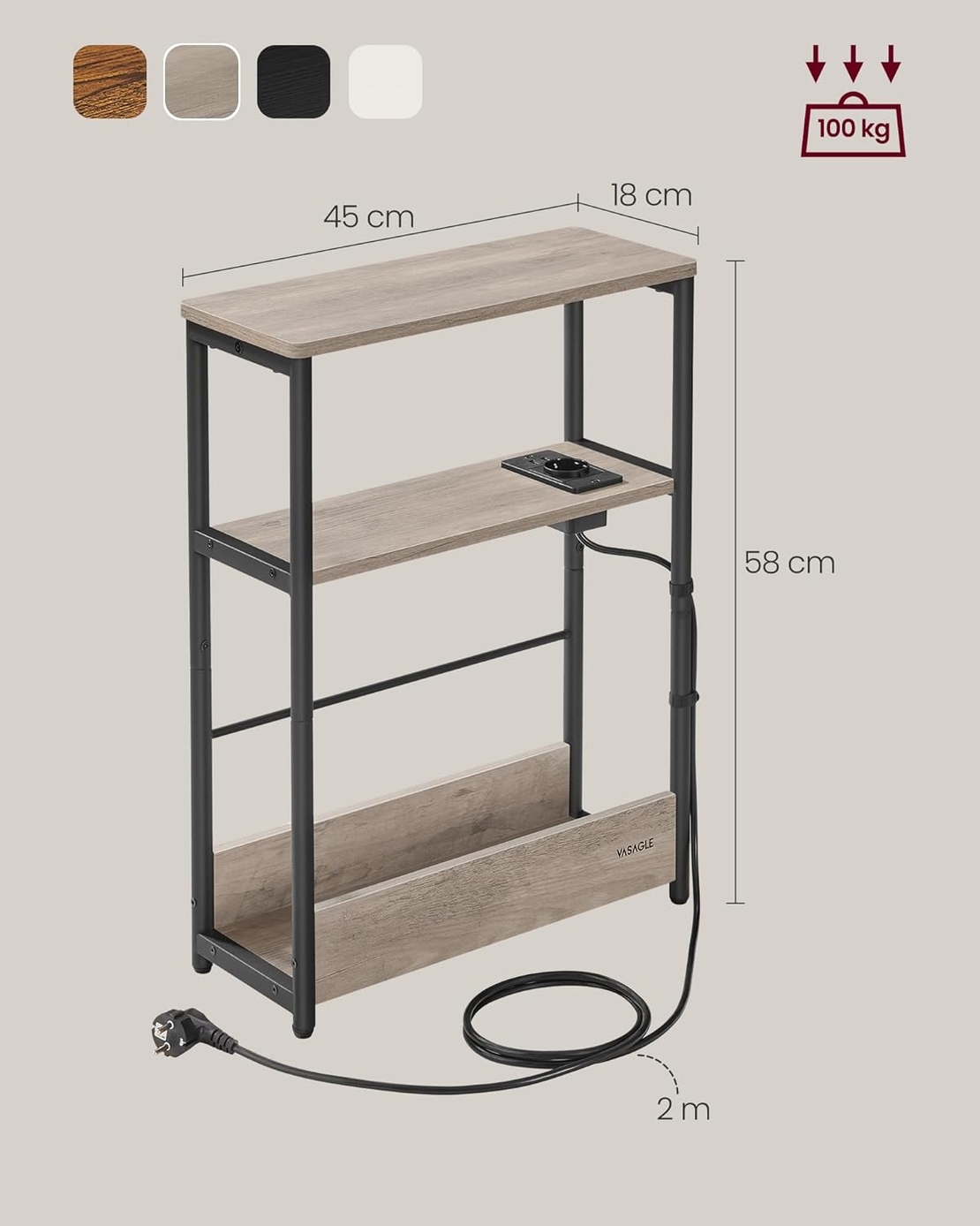 VASAGLE Masuta ingusta cu priza si porturi de incarcare USB, 3 rafturi, 45x18x58 cm, gri