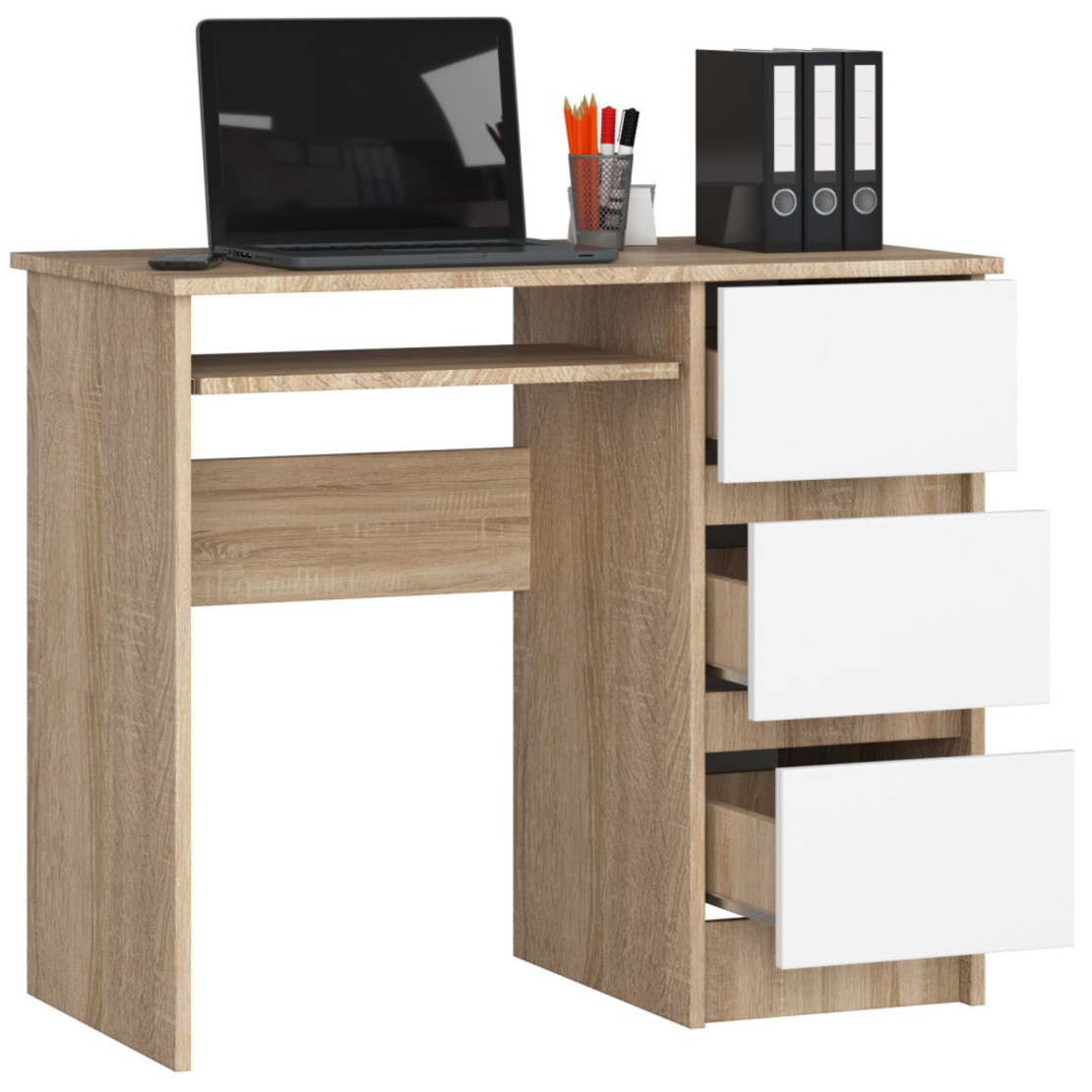 Birou computer cu 3 sertare si raft pentru tastatura, dreapta, 90x50x77 cm, stejar sonoma si alb