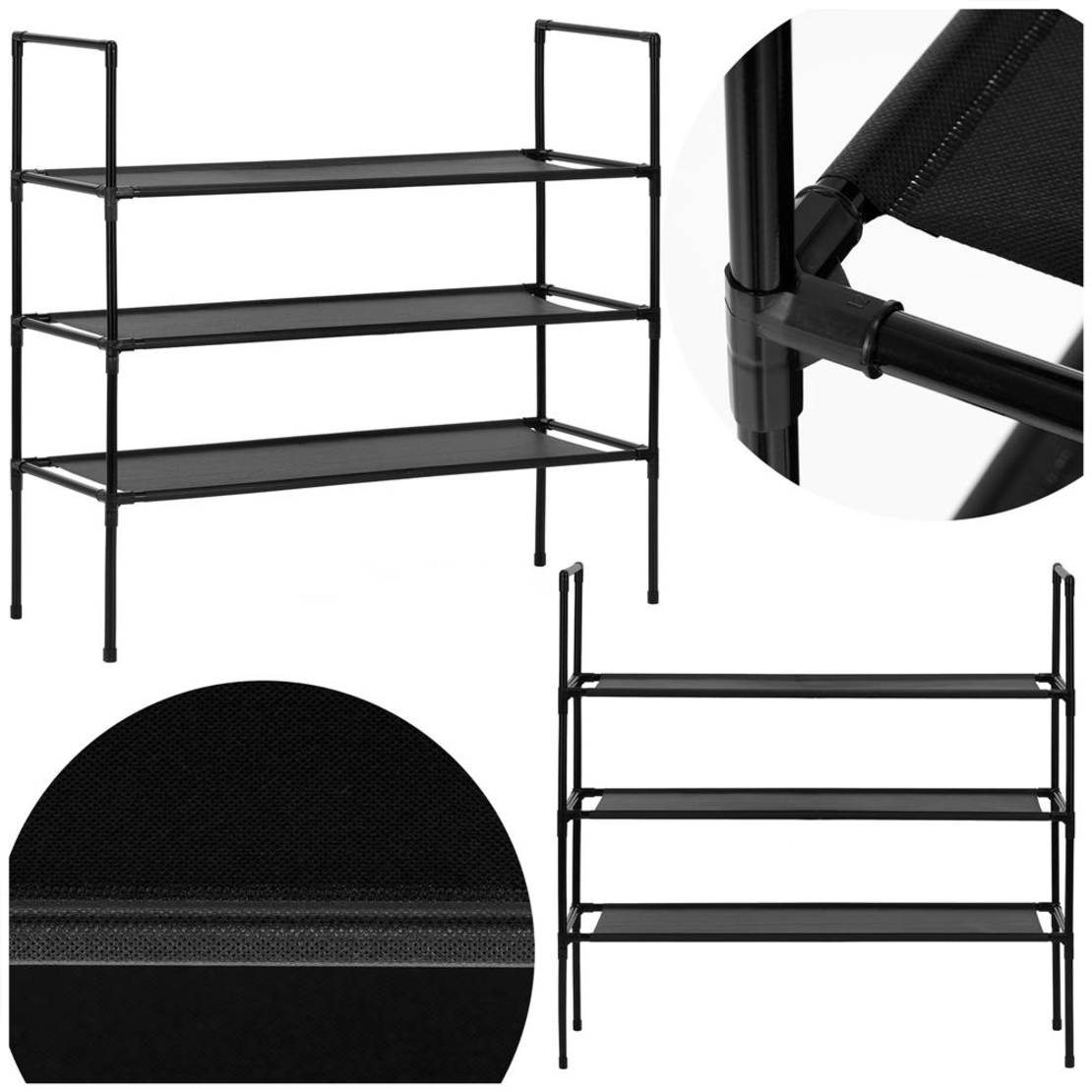 Raft pantofi cu 3 polite, structura metalica si rafturi textile, 72x28x70 cm, negru