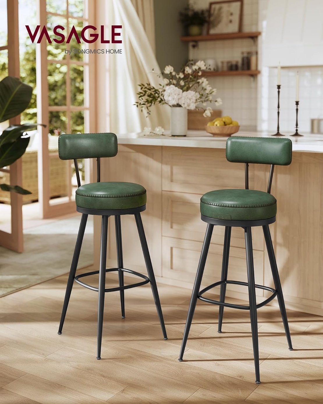 VASAGLE set 2 scaune de bar rotative 360°, cu spatar, inaltime 101 cm, piele sintetica, cadru otel, stil modern, verde