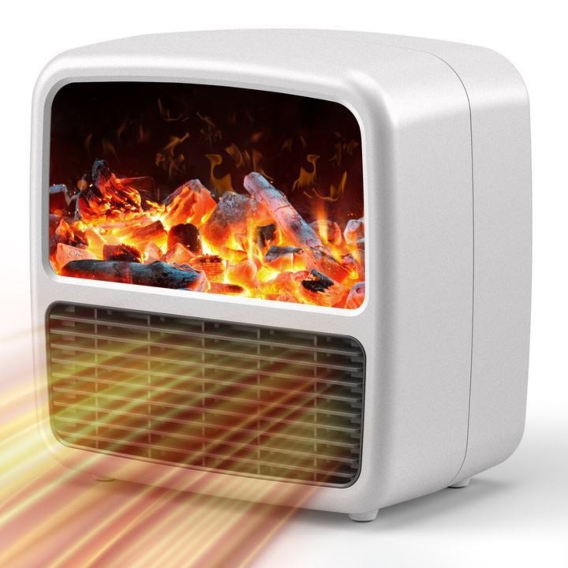 Mini Aeroterma Portabila, Vafy, Display LCD, Flacara Tip Semineu, 1500W, 2 Trepte, Oprire Automata, 22 x 22 x 15 cm, Alb