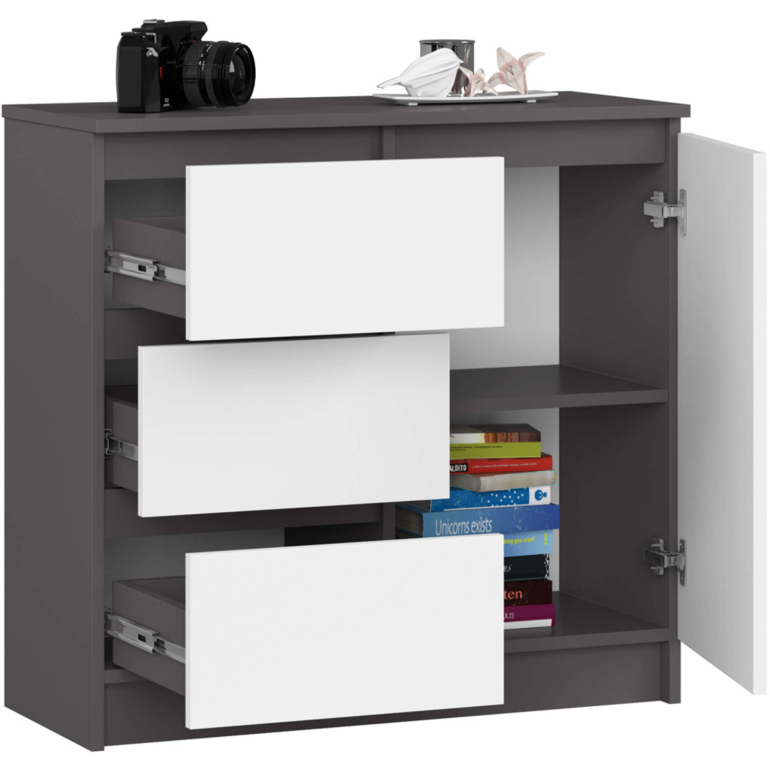 Comoda JERRY cu 3 sertare si dulap cu rafturi, PAL laminat, 80x35x77 cm, gri grafit si alb