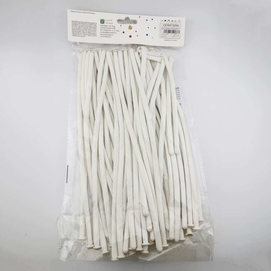 Baloane de Modelaj, Flippy, Set 50 bucati, Model Standard, din Latex, 30 x 1.5 cm, 1.8 g per unitate, pana la 150 cm, Alb