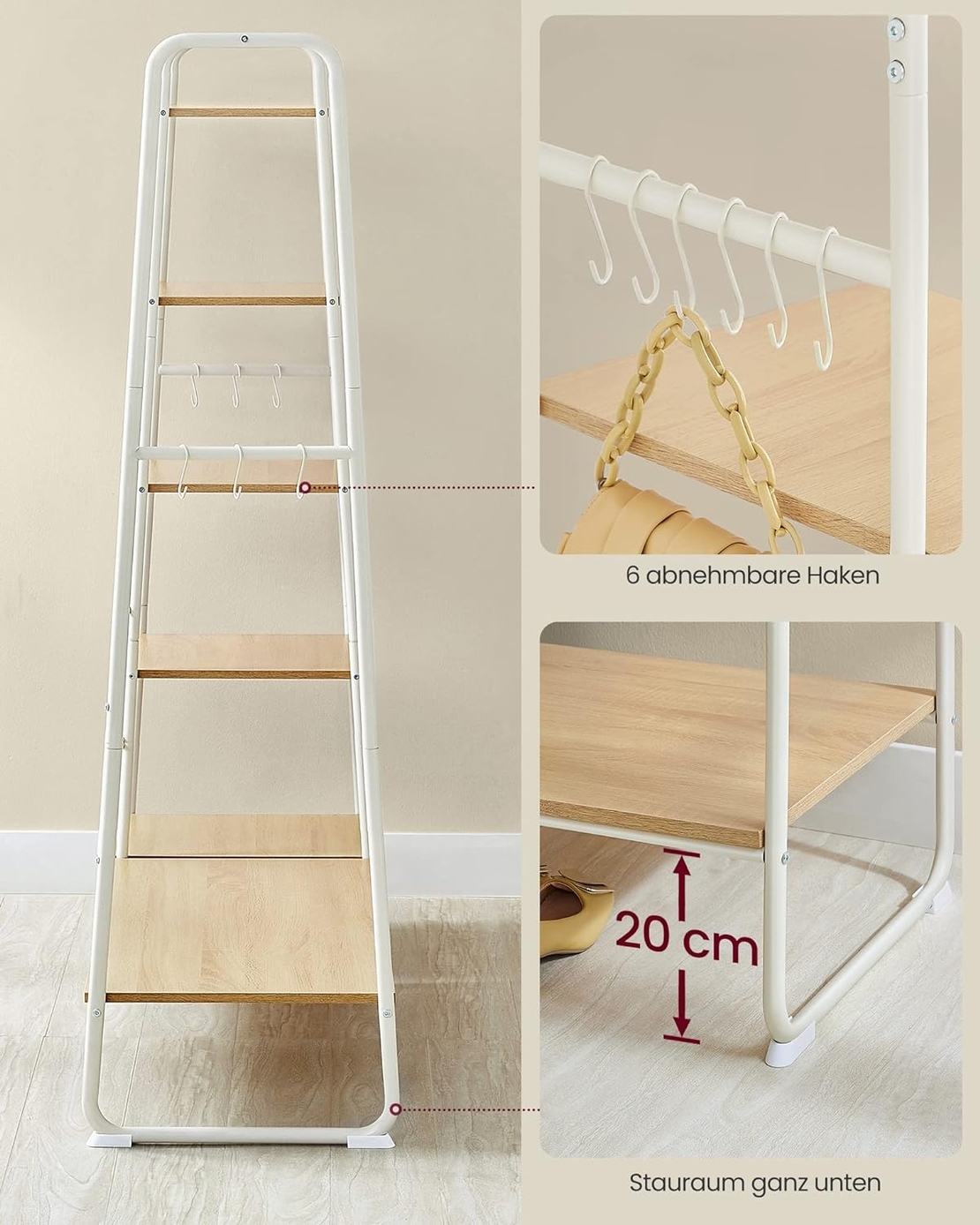VASAGLE Raft pentru haine cu suport pentru pantofi, 5 polite, 6 carlige laterale, 45x120x160cm, alb