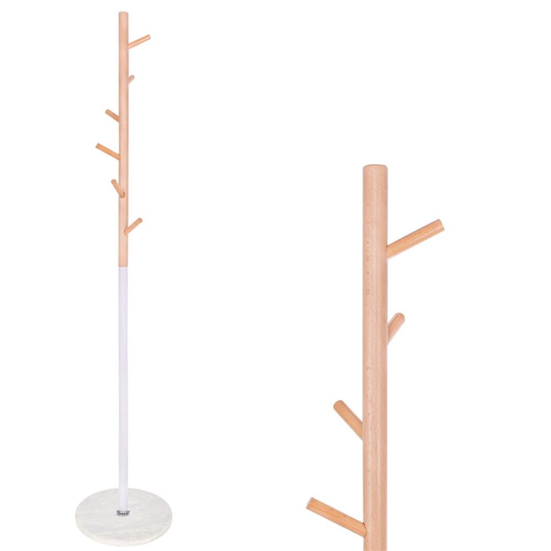 Cuier tip pom din metal, baza marmura, 6 agatatoare, 172cm, alb si maro