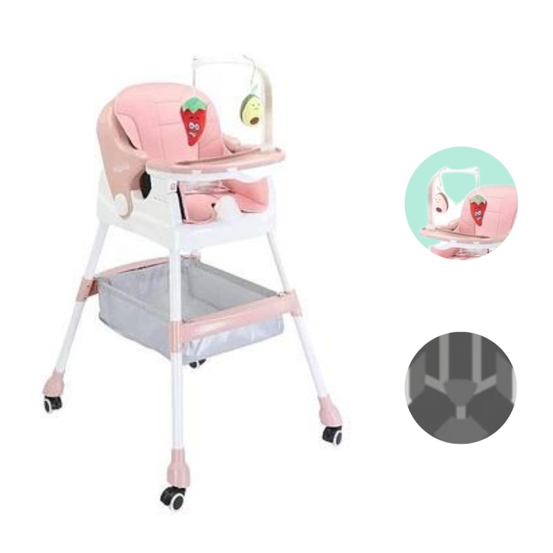 Scaun de Masa pentru Copii, Flippy, Multifunctional, Pliabil, cu Roti, Cos de Depozitare, din Plastic, Centura de Siguranta, Suport de Agatat Jucarii, 110 x 60 x 70 cm, Roz