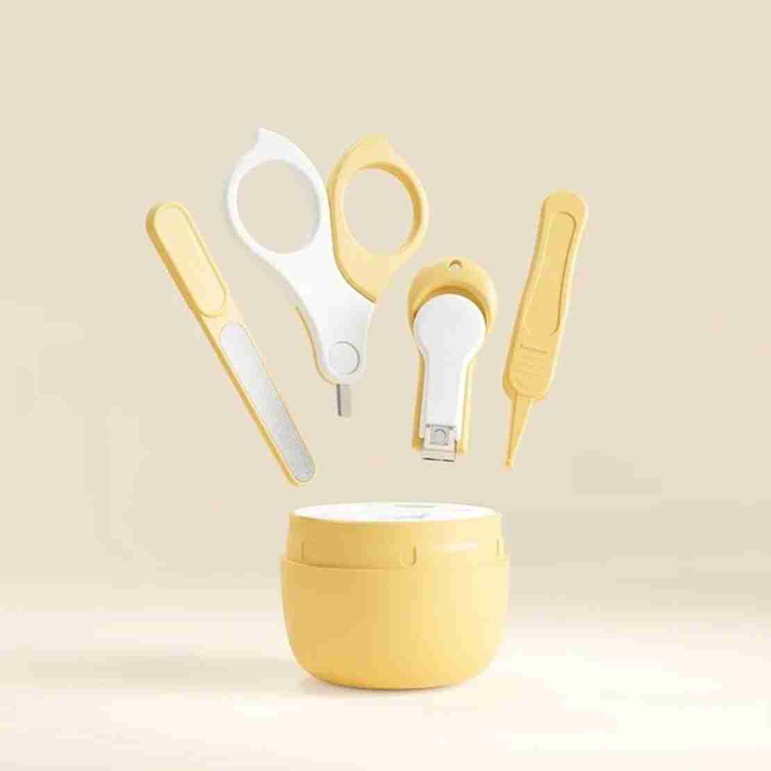 Set 4 Piese Ingrijire Unghii Bebelusi, Flippy, din ABS+Otel Inoxidabil, Cutie de Depozitare Tip Maimuta, de la 0 Luni, Galben