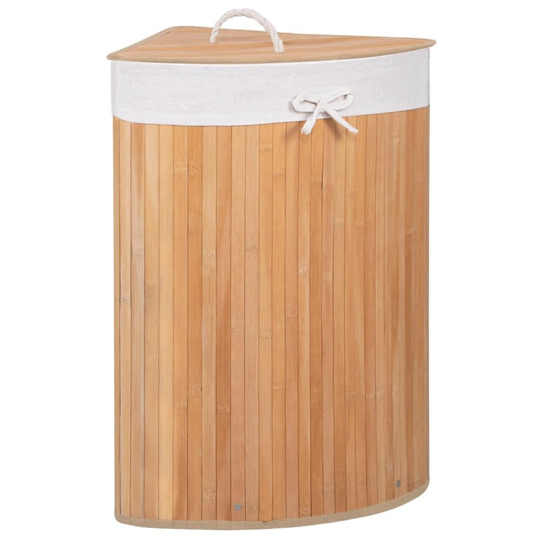Cos de rufe triunghiular pentru colt cu capac, bambus si sac textil detasabil, 60 litri, 55x35x60 cm, maro natur