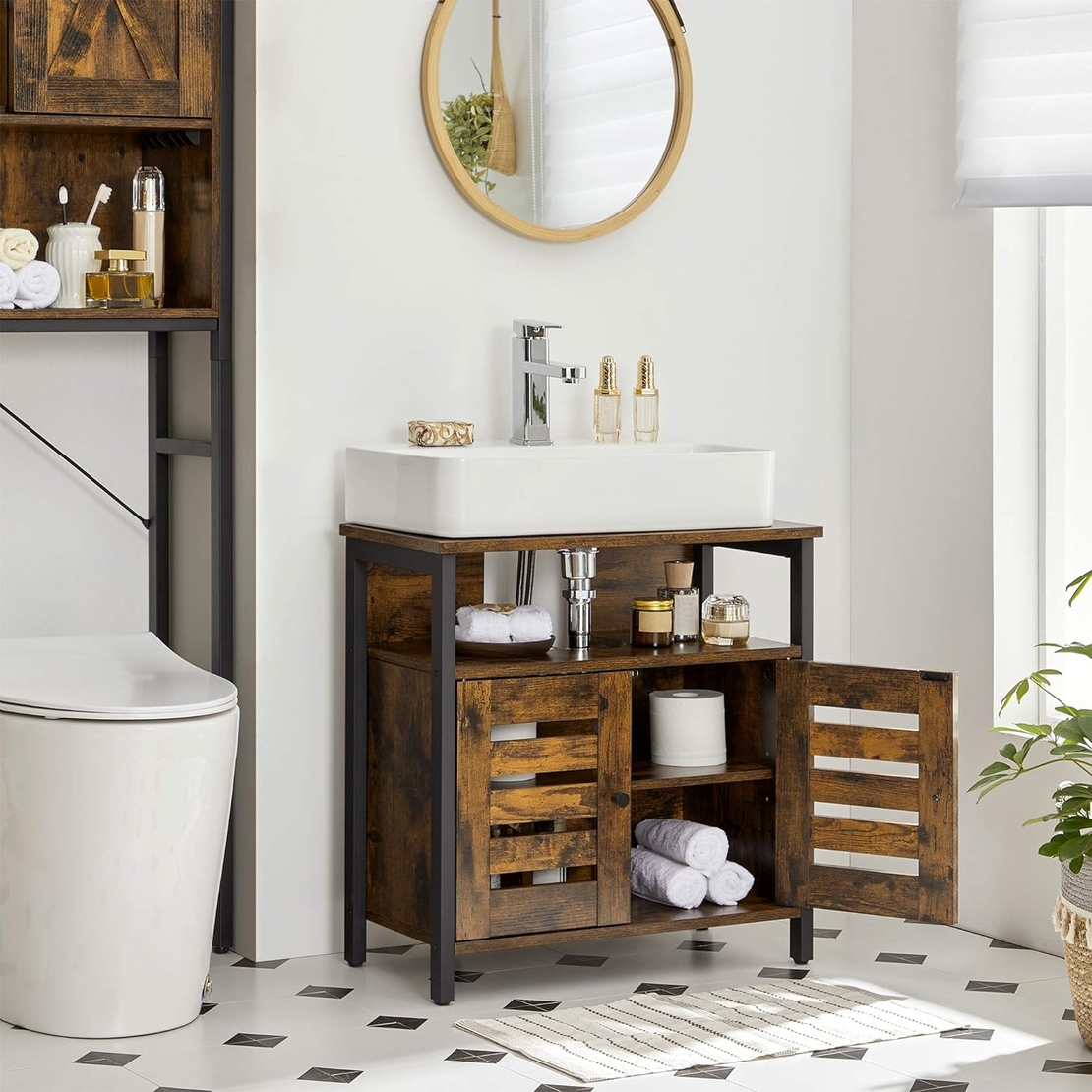 VASAGLE Dulap baie baza lavoar, cu 2 usi, 2 rafturi, 60x30x60 cm, maro rustic