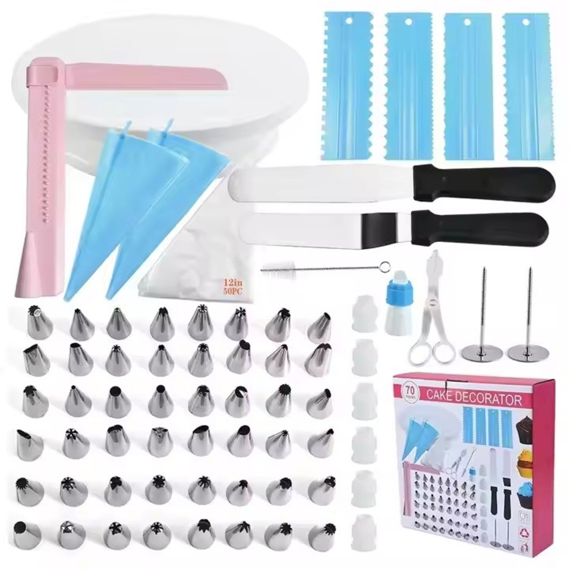 Set 70 Piese Ustensile pentru Ornare Prajituri, Flippy, din Plastic si Otel Inoxidabil, Multicolor