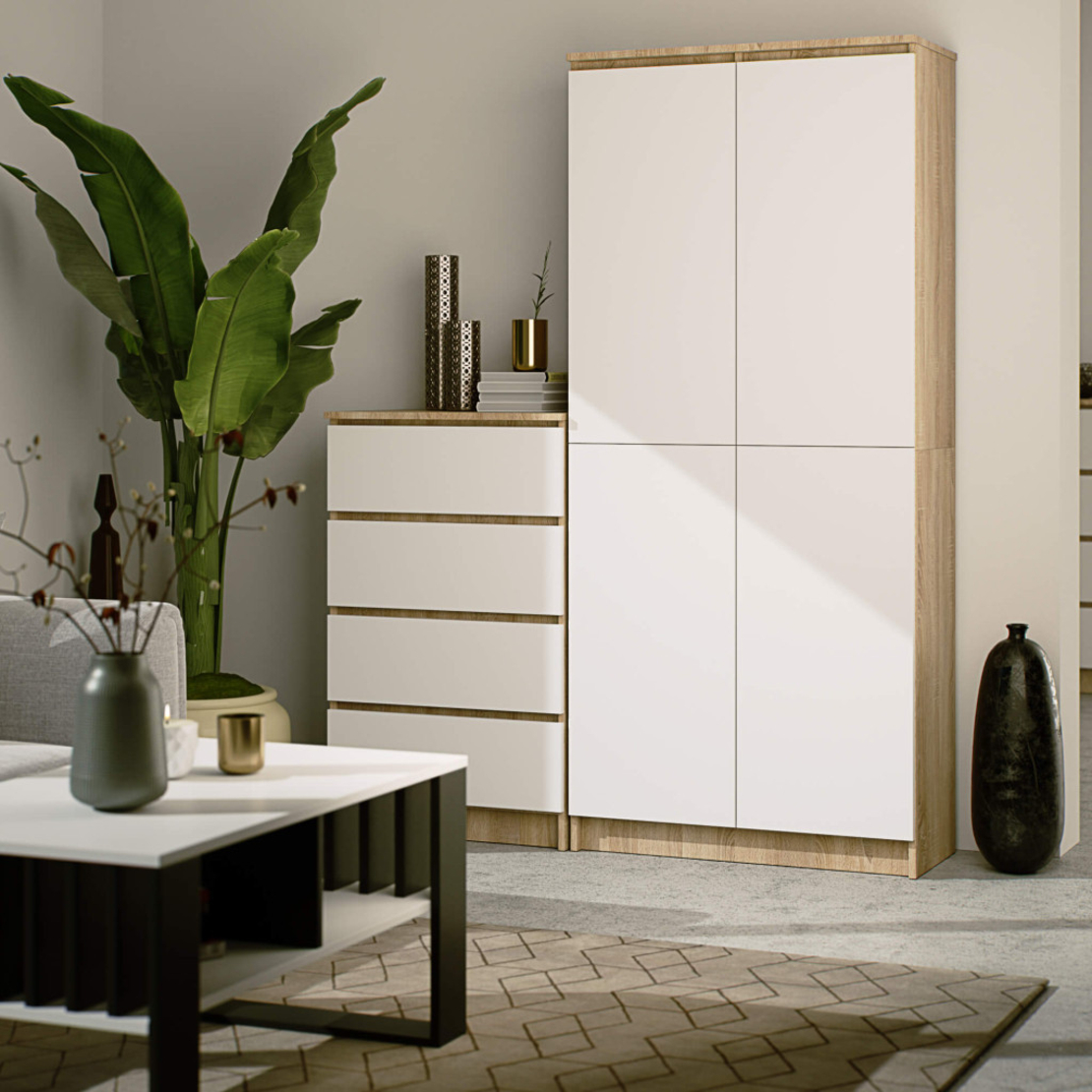 Dulap cu 8 etajere, PAL laminat 16 mm, 80x35x180 cm, stejar sonoma si alb