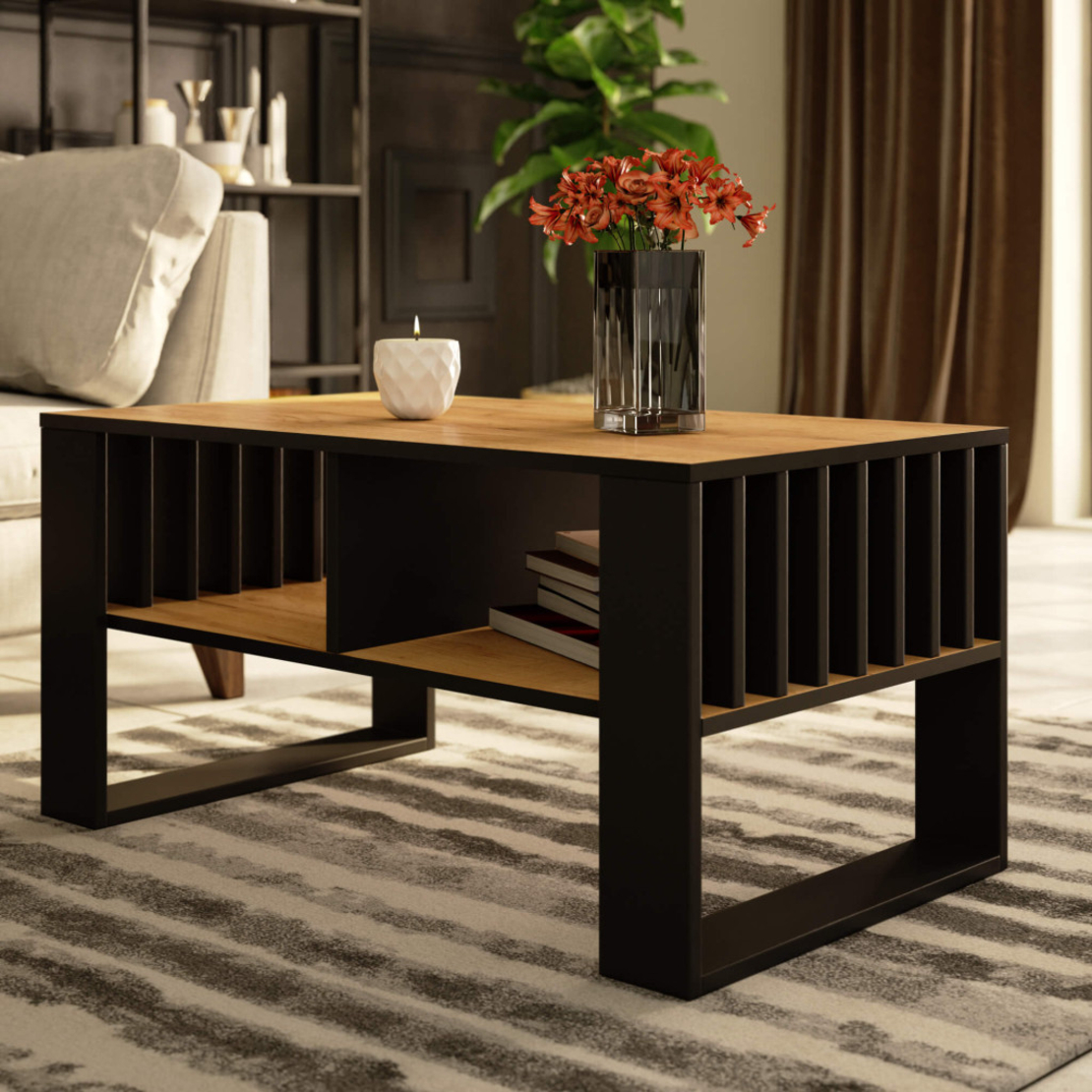 Masuta cafea ROCKFORD, cu blat din PAL, 92x53x45 cm, stejar craft si negru
