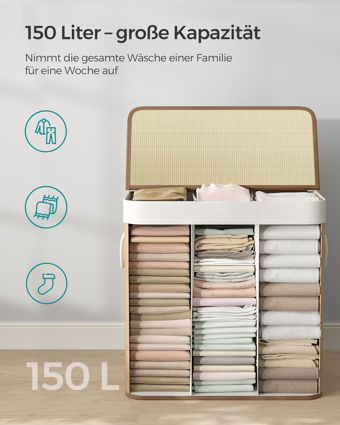 SONGMICS Cos de rufe din bambus, pliabil, cu captuseala detasabila lavabila, 3 compartimente, 150L, 60x40x60cm, natural