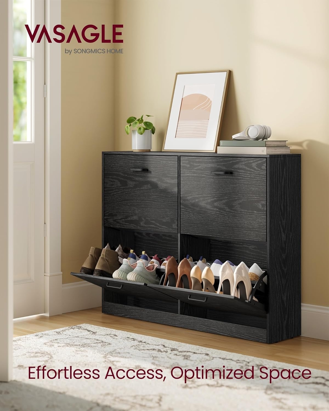 VASAGLE Dulap pantofi 4 clapete, compartimentare reglabila, 16-28 perechi de incaltaminte, 106x24x83 cm, negru abanos