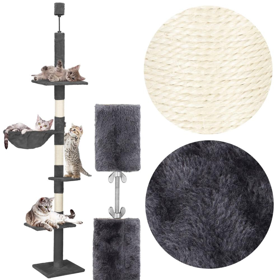 Ansamblu de joaca pentru pisici, tip stalp de catarat pana la tavan, inaltime reglabila, 240 - 265 cm, gri inchis