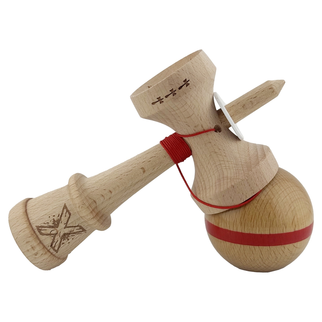 Kendama X Originala, Profesionala, Flippy, Super Sticky, Cupe Mari KING SIZE V3, Gaura in Baza, Rulment Metalic, din lemn 18 cm, Ata 62/65 cm, Original Rosu