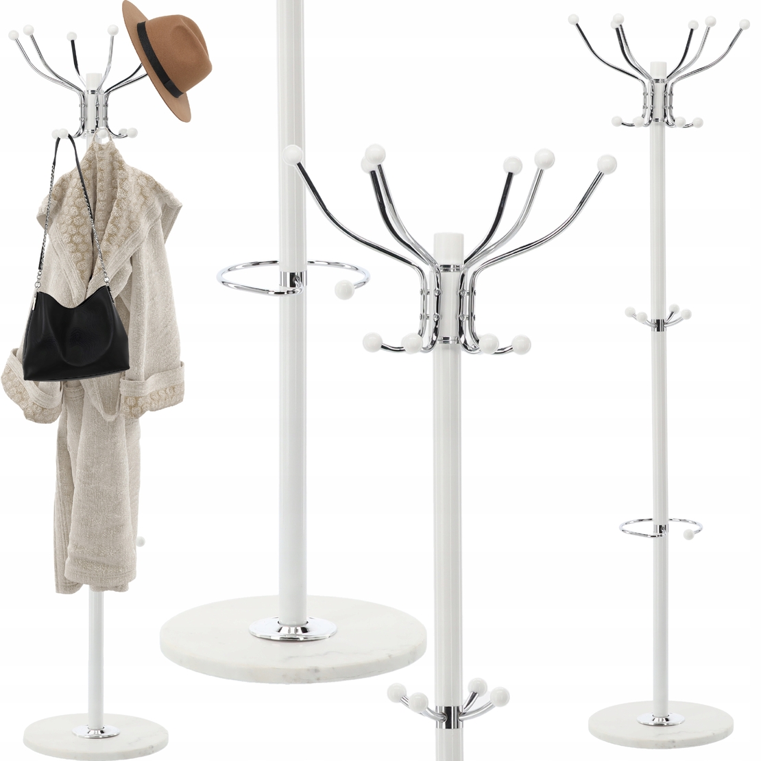 Cuier hol metalic 178 cm, 16 carlige, design minimalist, alb