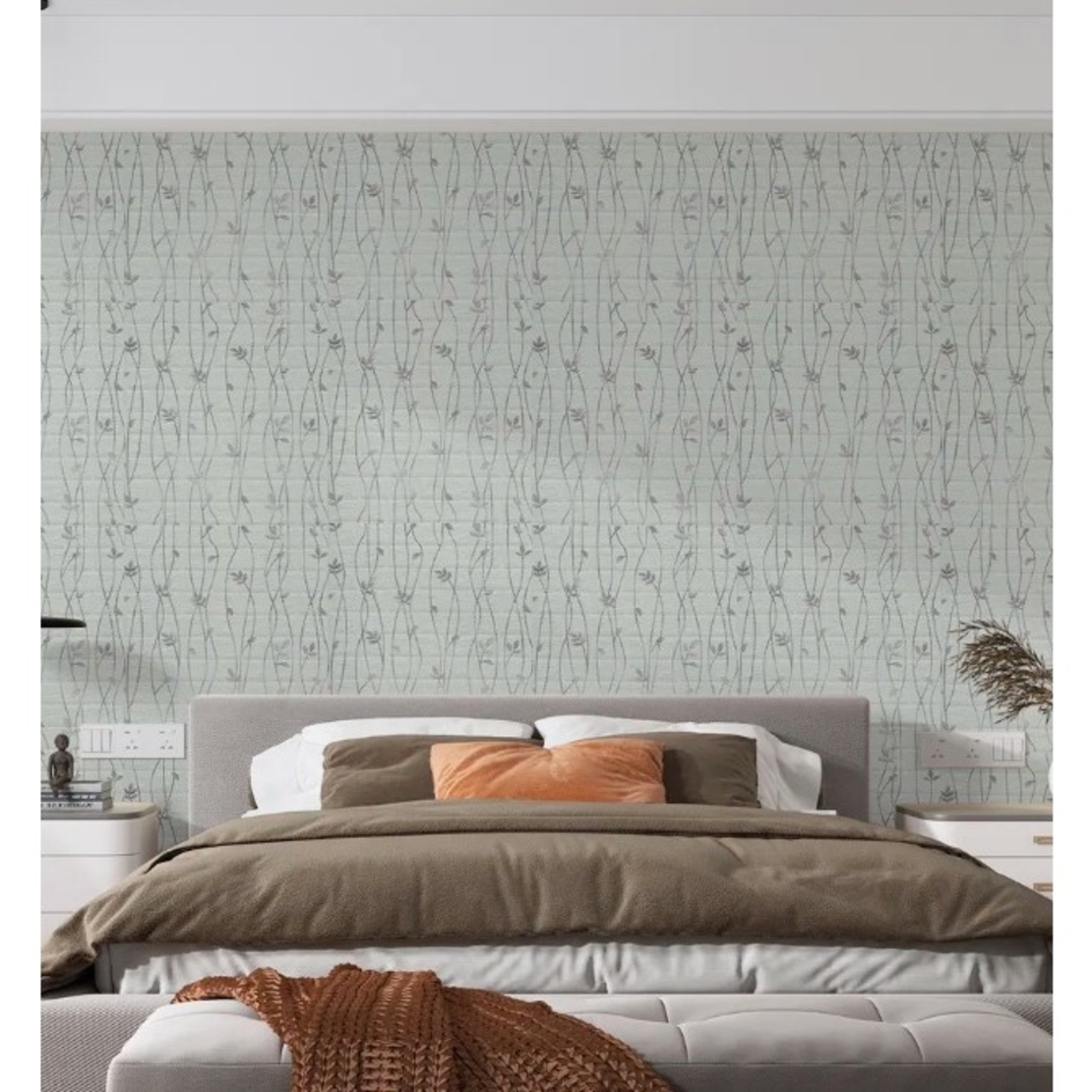 Set 10 Placi de Tapet, Vafy, Autoadezive, 70 x 77 cm, Suprafata Acoperita 5.3 mp, din PVC, Model Frunze Argintii, Gri