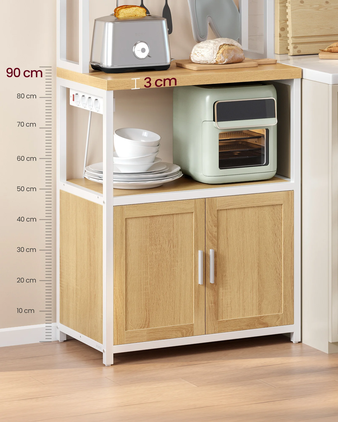 VASAGLE Raft bucatarie cu 4 prize, blat de lucru 90 cm, raft microunde, dulap si carlige, 40x60x170 cm, alb si stejar